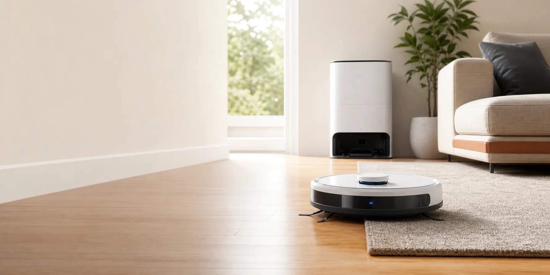 Robot vacuum cleaning a modern living room floor near an auto-empty dock